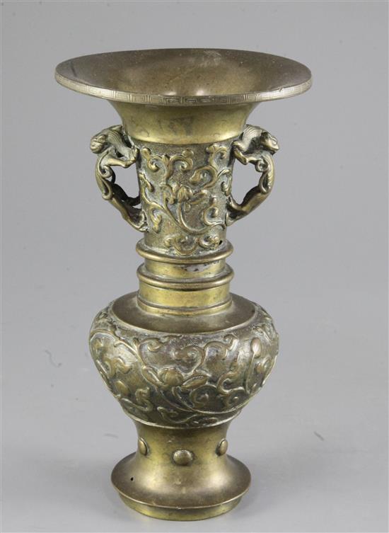 A Chinese or Japanese bronze beaker vase, gu, 17th / 18th century, 21.5cm, old repairs